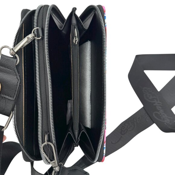 Ed Hardy Women's Crossbody Wallet With Strap Pink Tattoo Print Vegan Leather NWT - Picture 7 of 12